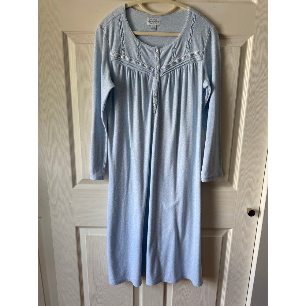 Lanz of Salzburg Blue Ditsy Floral Nightgown Long Sleeve Cotton Blend Size M
